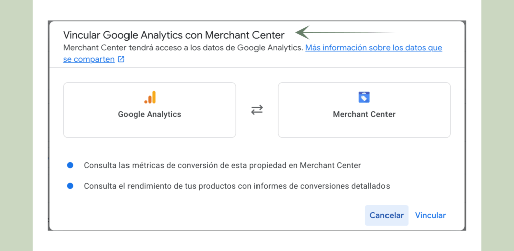 vinculación de Merchant Center y GA4