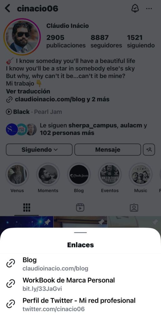 Instagram bio con enlaces de un bloguero