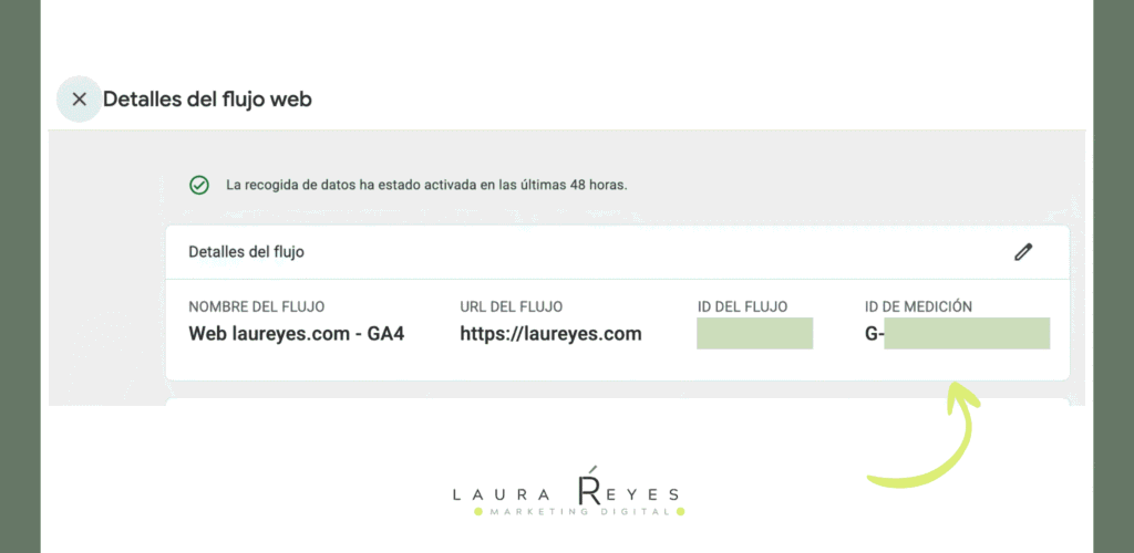 Pantalla de Google Analytics 4 mostrando el ID de medición G- en Flujos de datos, paso para instalar Google Analytics en una web